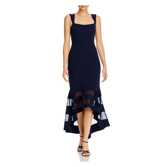 AQUA Womens Navy Pleated Ruffle Hem Halter Above The Knee Cocktail Sheath Dress